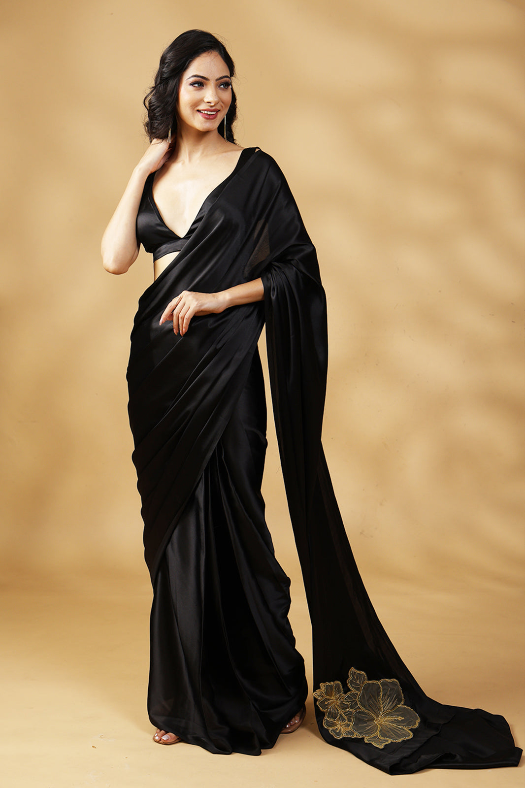 Black Beauty Golden Embroidered Saree with Blouse Fabric