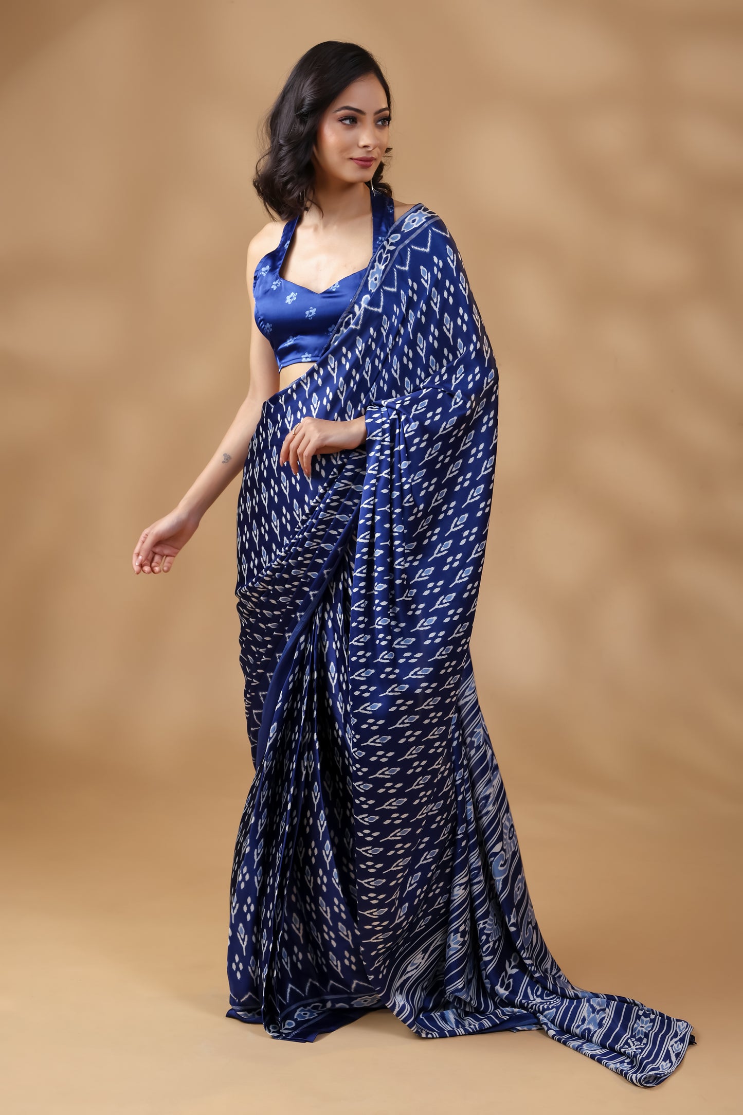 Indigo Whisper Satin Saree in Deep Blue Hues with Unstitched Blouse