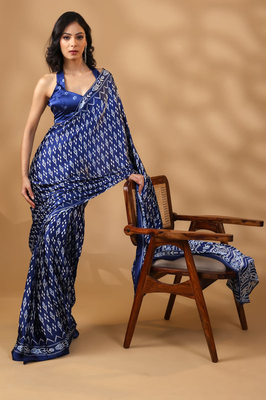 Indigo Whisper Satin Saree in Deep Blue Hues with Unstitched Blouse