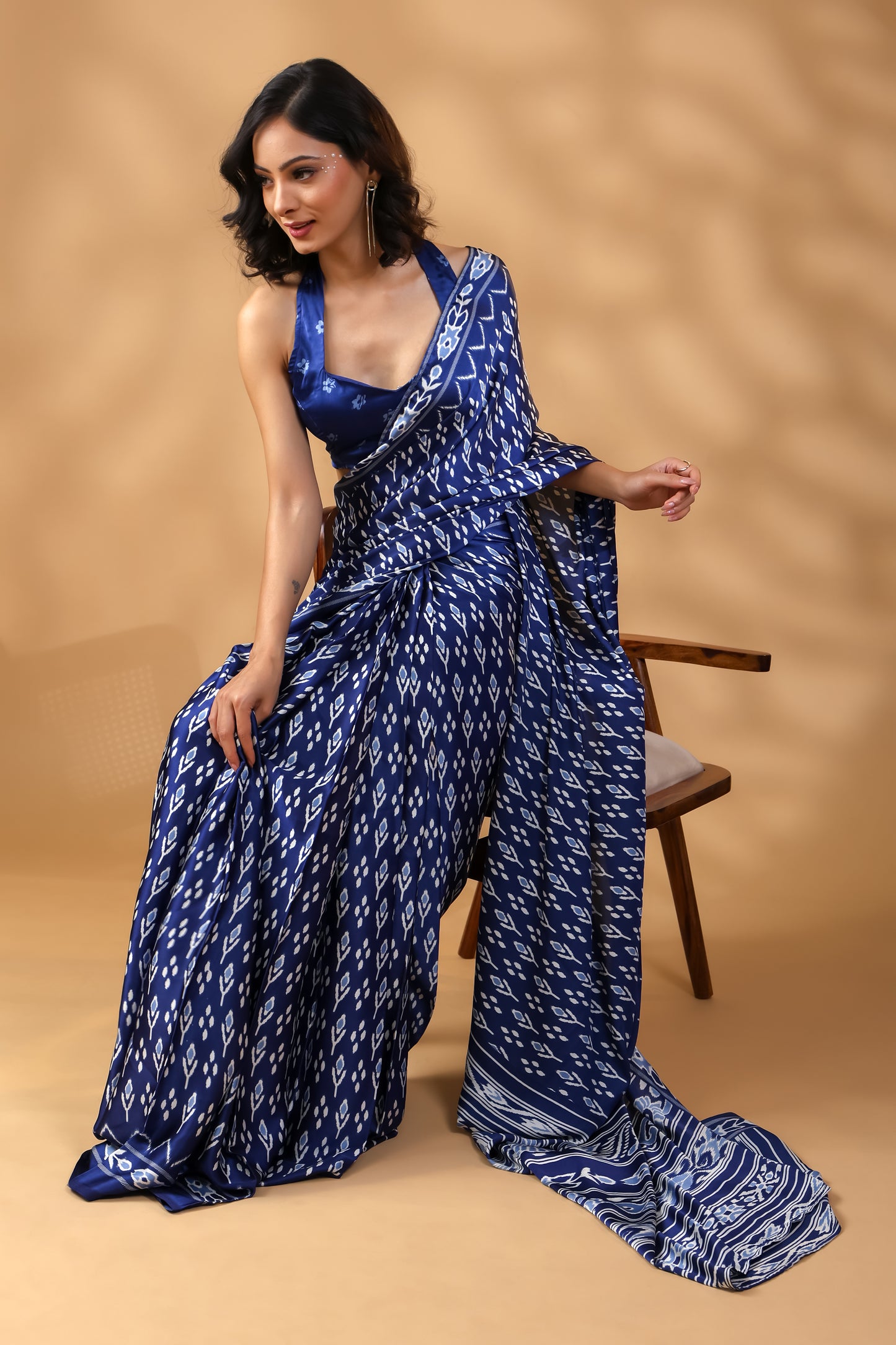 Indigo Whisper Satin Saree in Deep Blue Hues with Unstitched Blouse