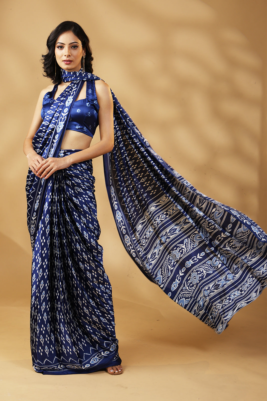 Indigo Whisper Satin Saree in Deep Blue Hues with Unstitched Blouse