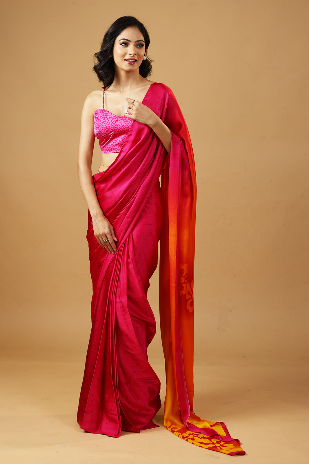 Twilight Pink Premium Satin Printed Saree with Blouse Fabric