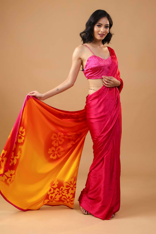Twilight Pink Premium Satin Printed Saree with Blouse Fabric