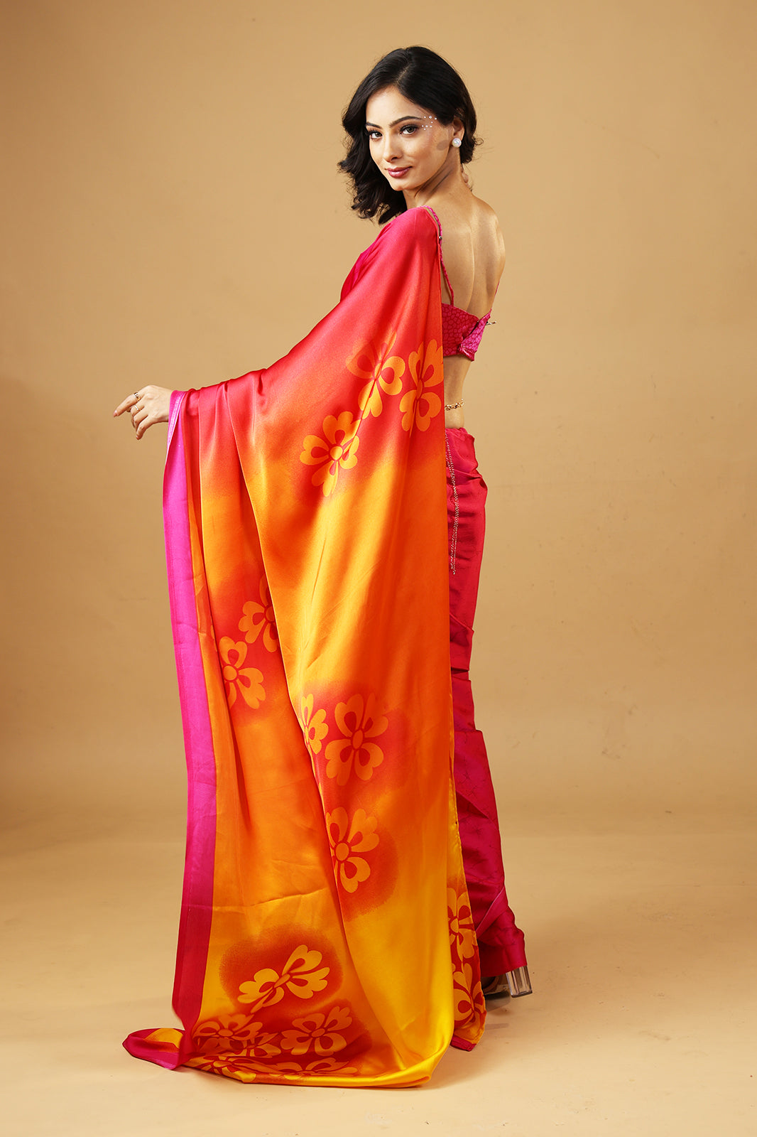 Twilight Pink Premium Satin Printed Saree with Blouse Fabric