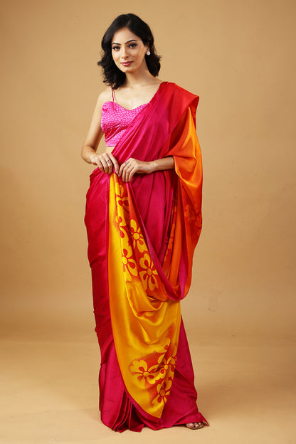 Twilight Pink Premium Satin Printed Saree with Blouse Fabric