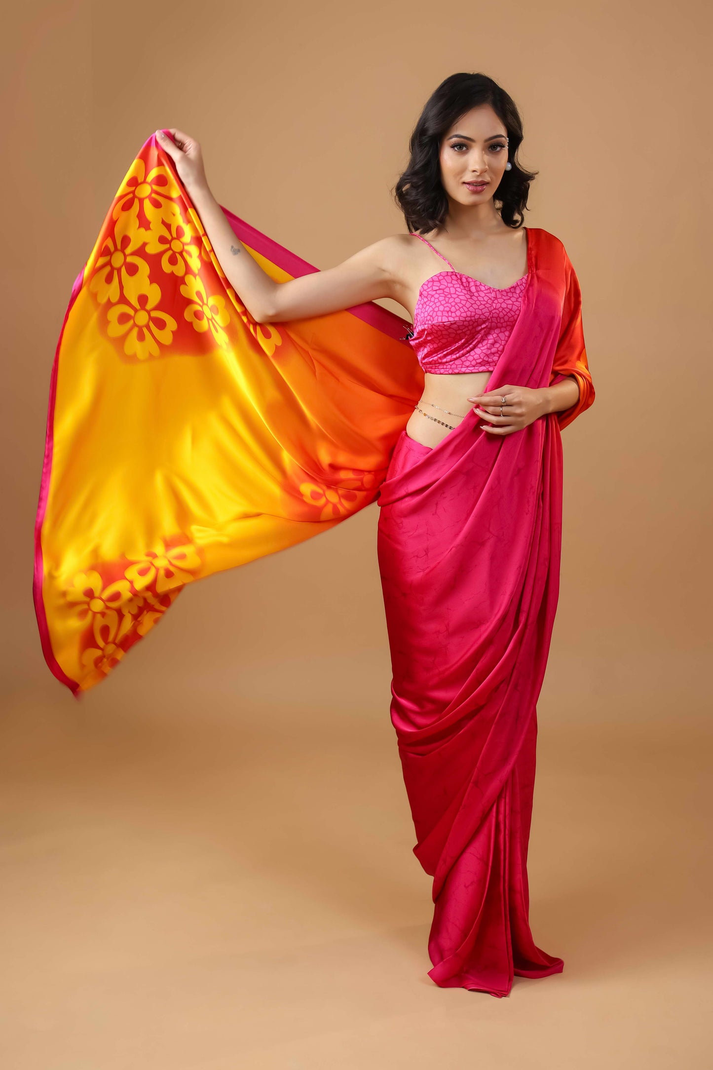 Twilight Pink Premium Satin Printed Saree with Blouse Fabric