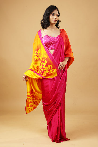 Twilight Pink Premium Satin Printed Saree with Blouse Fabric