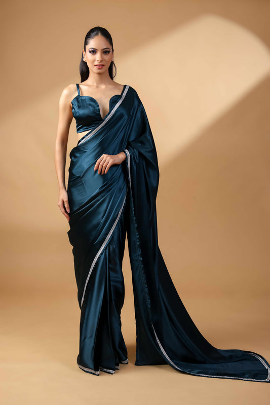 Twilight Glow Embroidered Premium Satin Saree with Unstitched Blouse