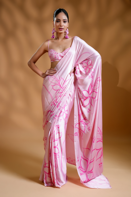 Luxe Premium Satin Pink Ready to Wear Saree and Blouse Fabric