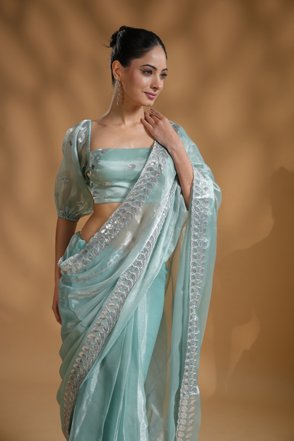 Elegant Aqua Light Embroidered Ready to Wear Saree with  Blouse Fabric