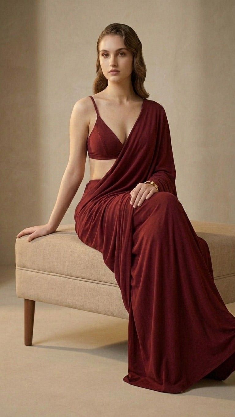 Ready to Wear Maroon Serenity Lycra Saree with Blouse Fabric