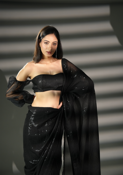 Dazzling Black Ready-to-Wear Premium Sequin Saree and Blouse Fabric