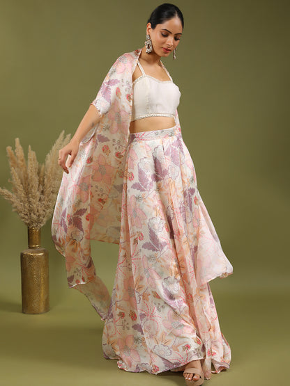 Dazzling Floral Silk Three Piece Lehenga Set with Embroidered Lace Top