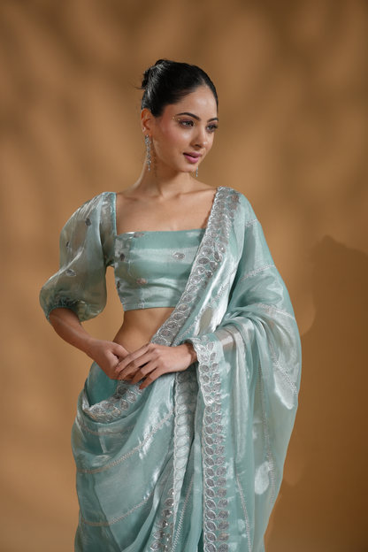 Elegant Aqua Light Embroidered Ready to Wear Saree with  Blouse Fabric