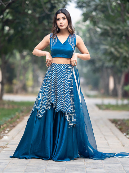 Rich Blue Silk Hand-embroidered Blouse and Double Skirt Lehenga Set