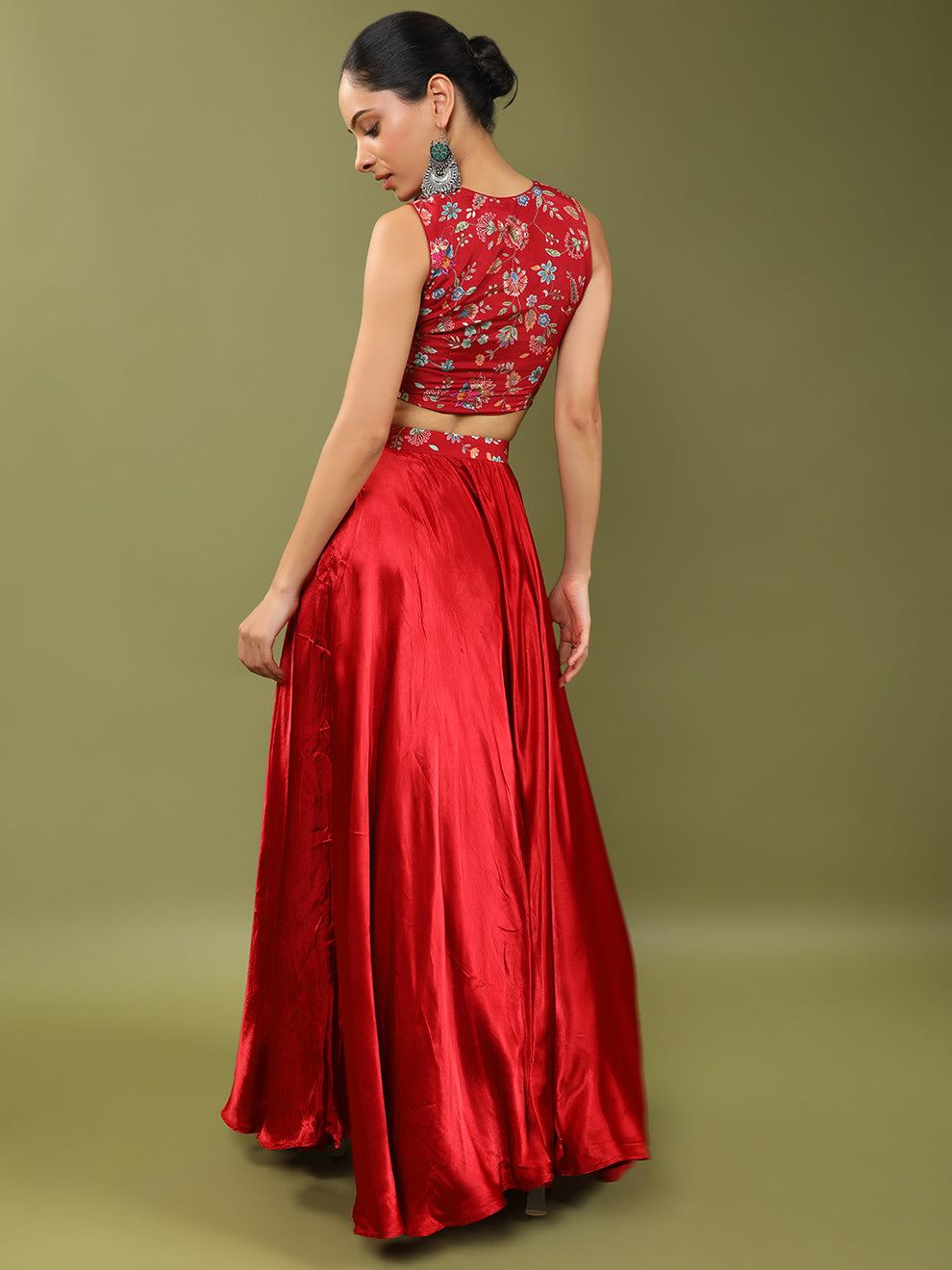 Floral Embroidered Printed Dazzling Red Silk Skirt Set