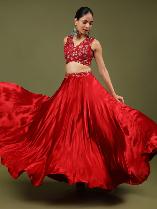 Floral Embroidered Printed Dazzling Red Silk Skirt Set