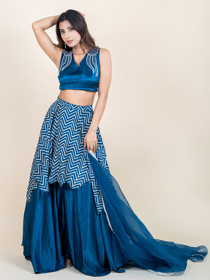 Rich Blue Silk Hand-embroidered Blouse and Double Skirt Lehenga Set