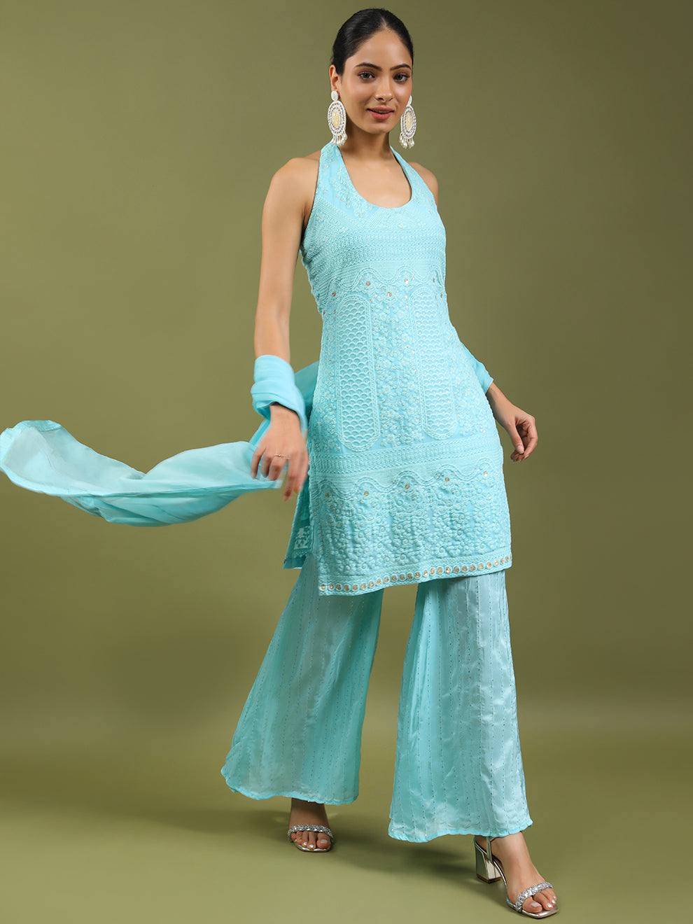 Aqua Blue Chikankari Embroidered Sharara Set with Dupatta