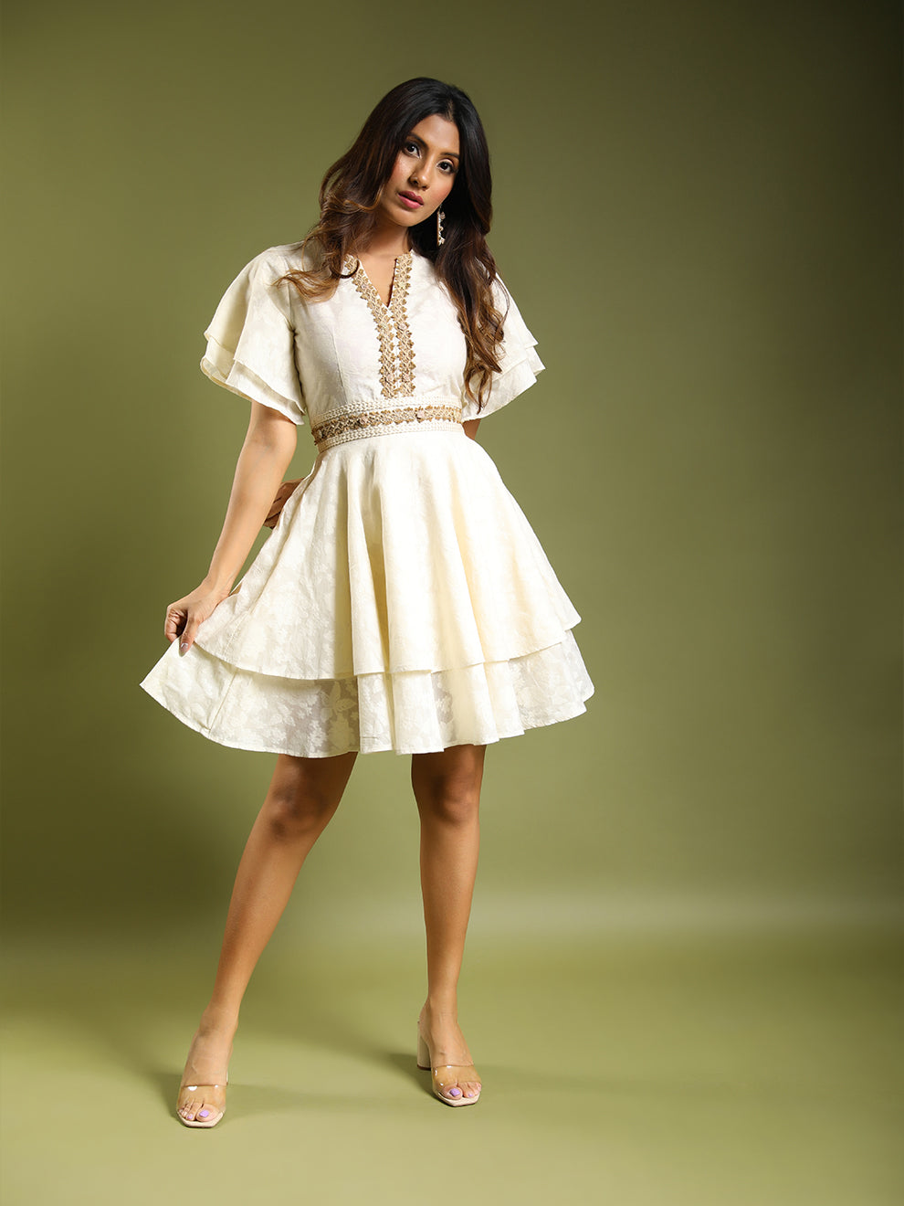 Subdued Off White Double Layered Dress with Lace work