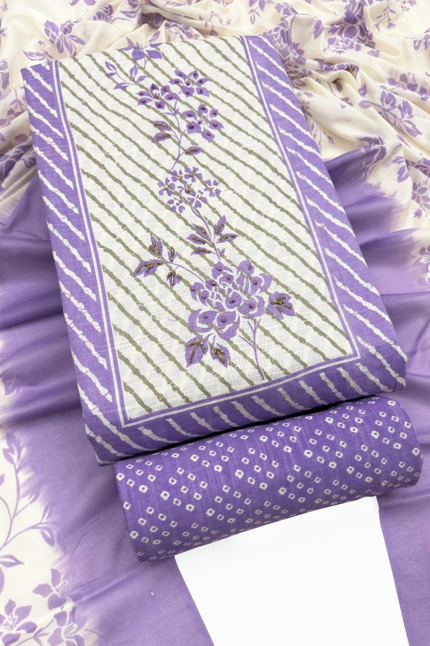 Lavender & White Floral Vine Cotton Bhandani Unstitched Suit Set