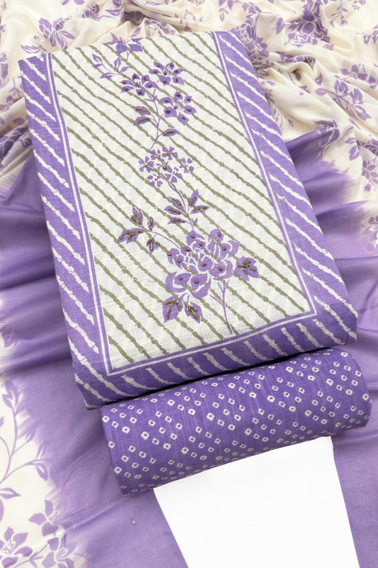 Lavender & White Floral Vine Cotton Bhandani Unstitched Suit Set