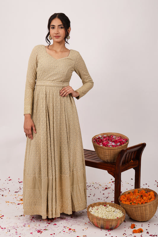 Opulent Heavy Embroidered Chikankari Anarkali Gown with Belt