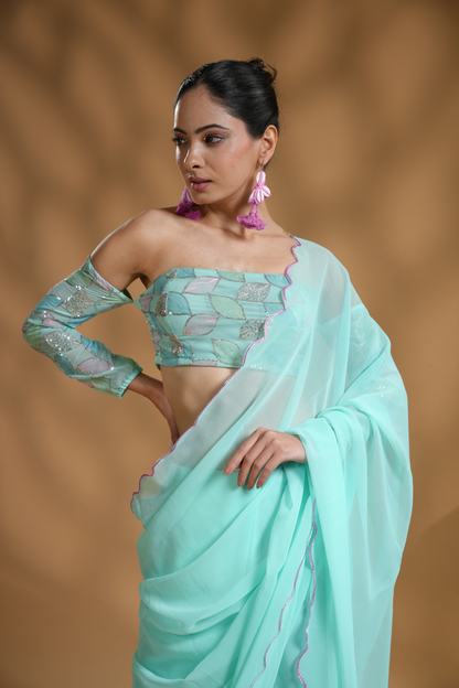 Aqua Blue Ready To Wear Saree With Embroidered Blouse Fabric