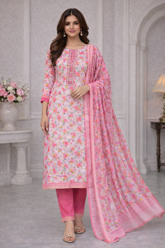 Pink Floral Print Cotton Unstitched Suit Set & Striped Dupatta
