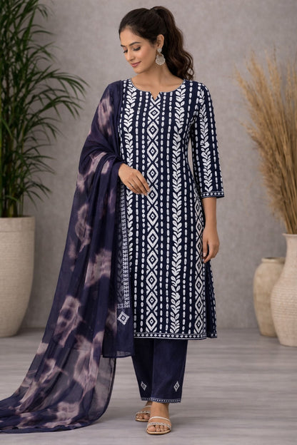Indigo Navy Batik Style Unstitched Cotton Suit Set