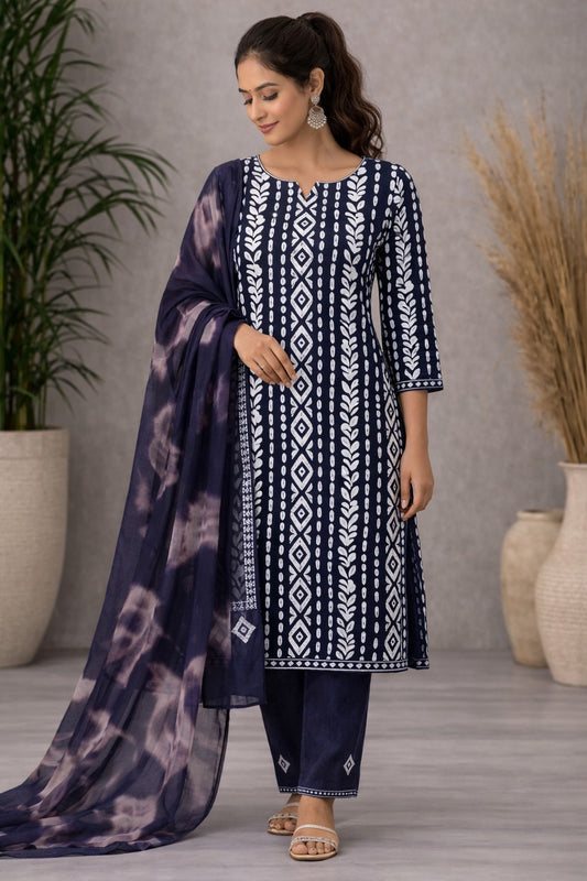 Indigo Navy Batik Style Unstitched Cotton Suit Set