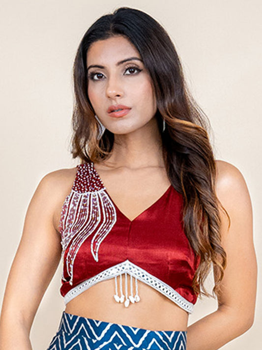Maroon Silk Hand-embroidered V-neck Silk Blouse