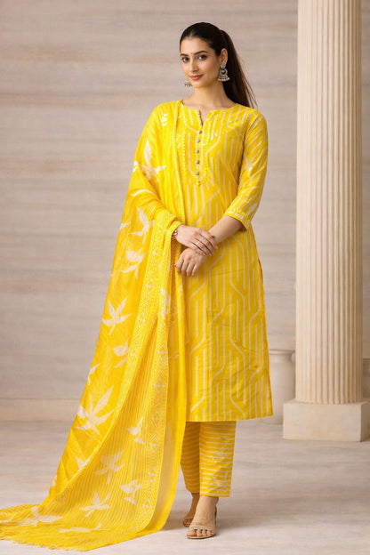 Yellow Striped Printed Cotton Unstitched Suit Set with Dupatta