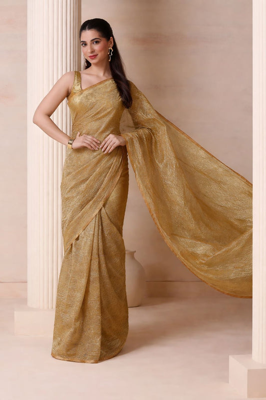 Regal Radiance Golden Aura Premium Crush Tissue Saree with Blouse Fabric