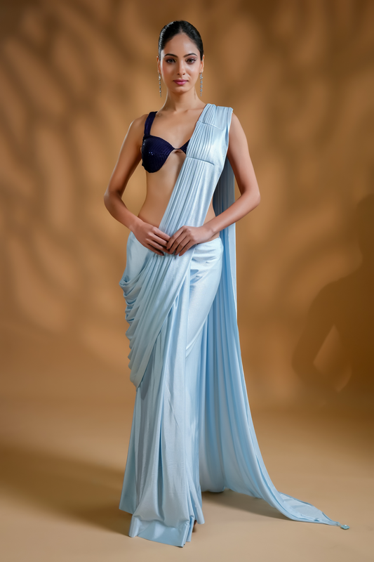 Premium Designer Blue Ready-to-Wear Saree with Unique Drape in Luxe Fabric