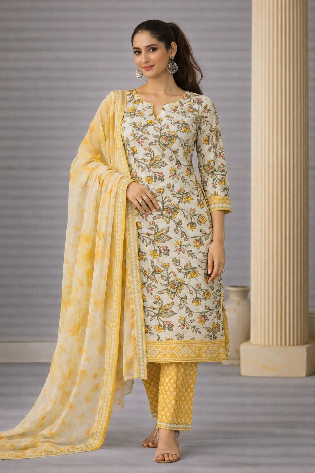 Sunflower Bloom Floral Kalamkari Print Unstitched Cotton Suit Set