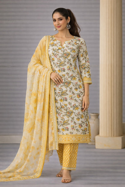 Sunflower Bloom Floral Kalamkari Print Unstitched Cotton Suit Set