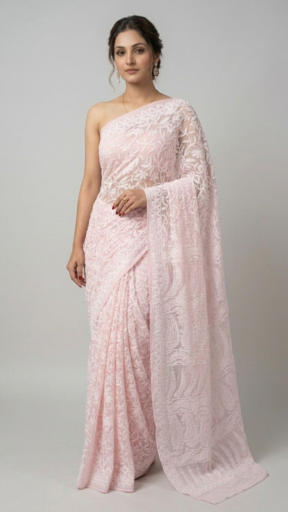 Blush Pink Pure Chikankari Georgette Heavy Embroidery Saree with Blouse Fabric