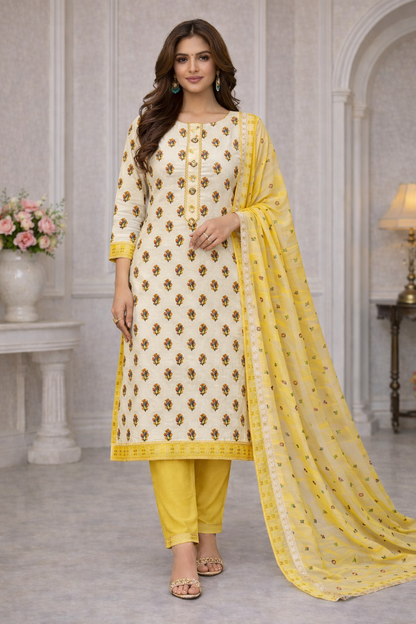 Sunshine Bloom Printed Cotton Unstitched Suit Set