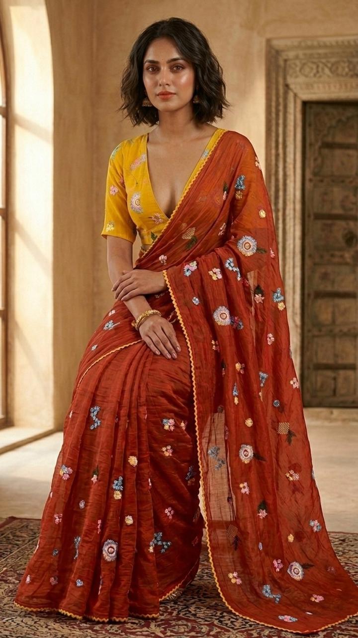 Festive Bloom Embroidered Pure Chanderi Mul Saree with Blouse Fabric
