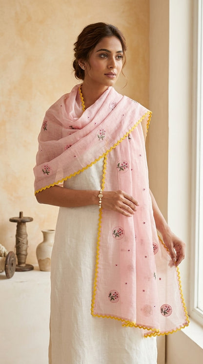 Vintage Floral Embroidered Mul Chanderi Lace Stole