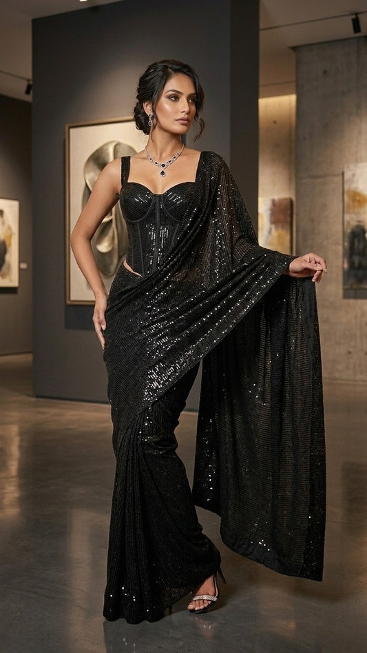 Black Diamond Glam Sequins Saree With Sequins Blouse Fabric