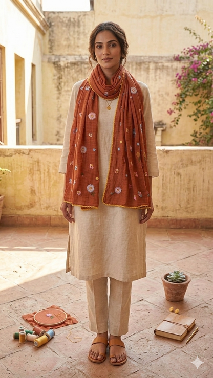 Timeless Rust Floral Embroidered Mul Chanderi Lace Stole