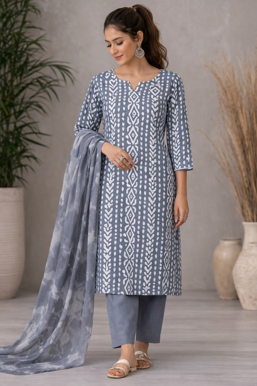 Slate Grey & White Geometric Print Unstitched Cotton Suit Set