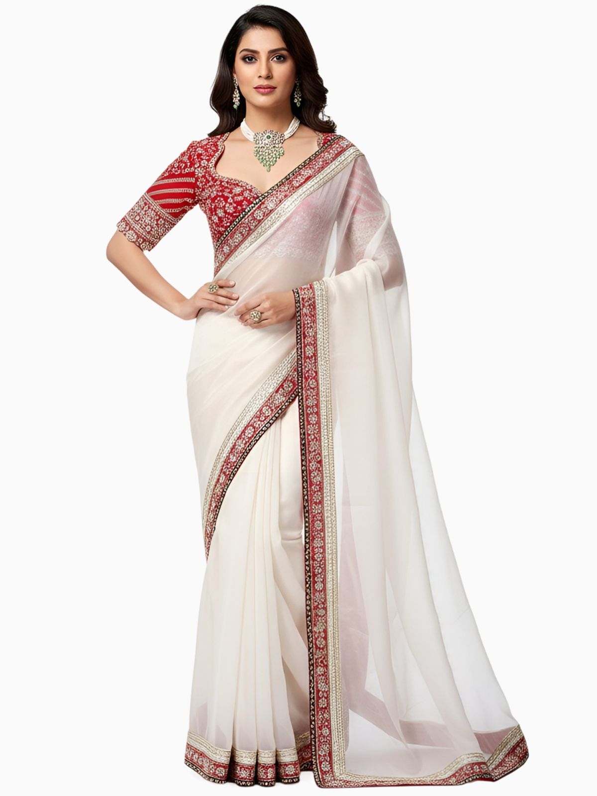 Royal Silk Embroidered Saree with Red Embroidered Blouse Fabric