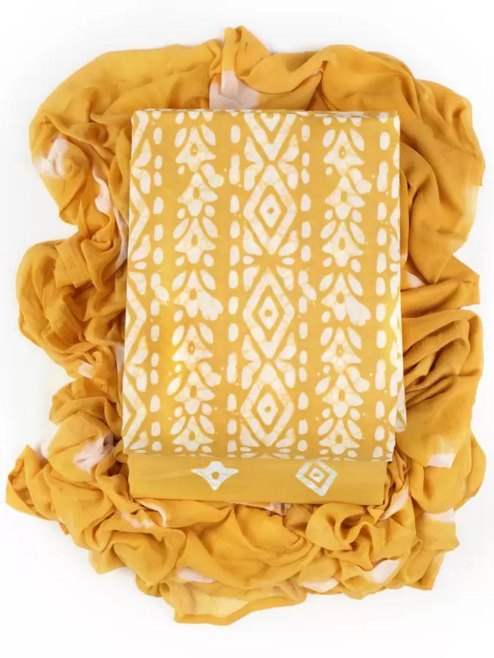 Mustard Yellow Batik Style Unstitched Cotton Suit Set