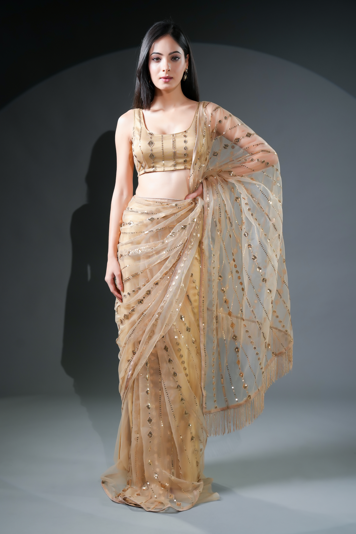 Vibrant Golden Ready to Wear Embellished Saree and Blouse Fabric