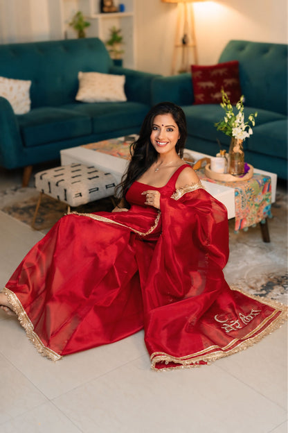 Red Premium Tissue Silk Hand-Embroidered Mere Piya Saree