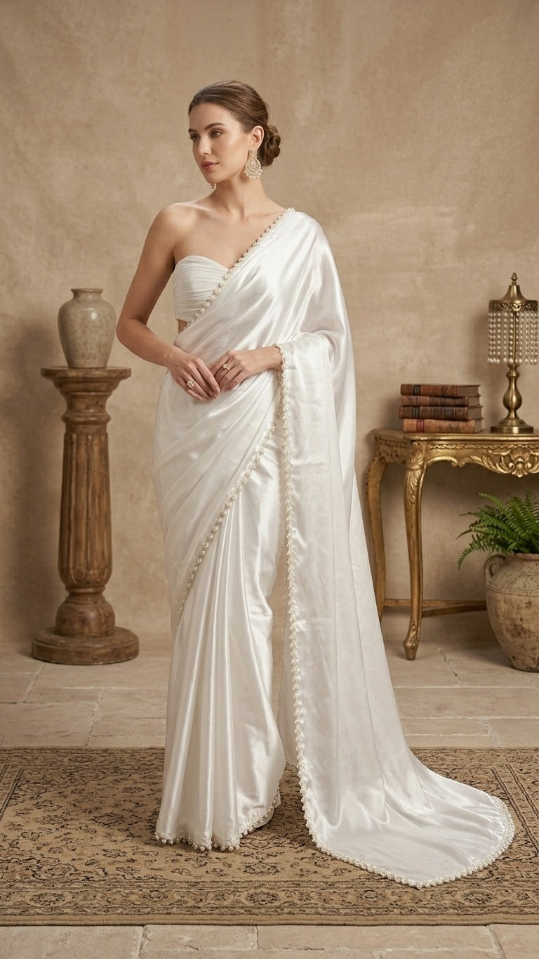 Pearl Radiance Satin Silk Saree with Blouse Fabric