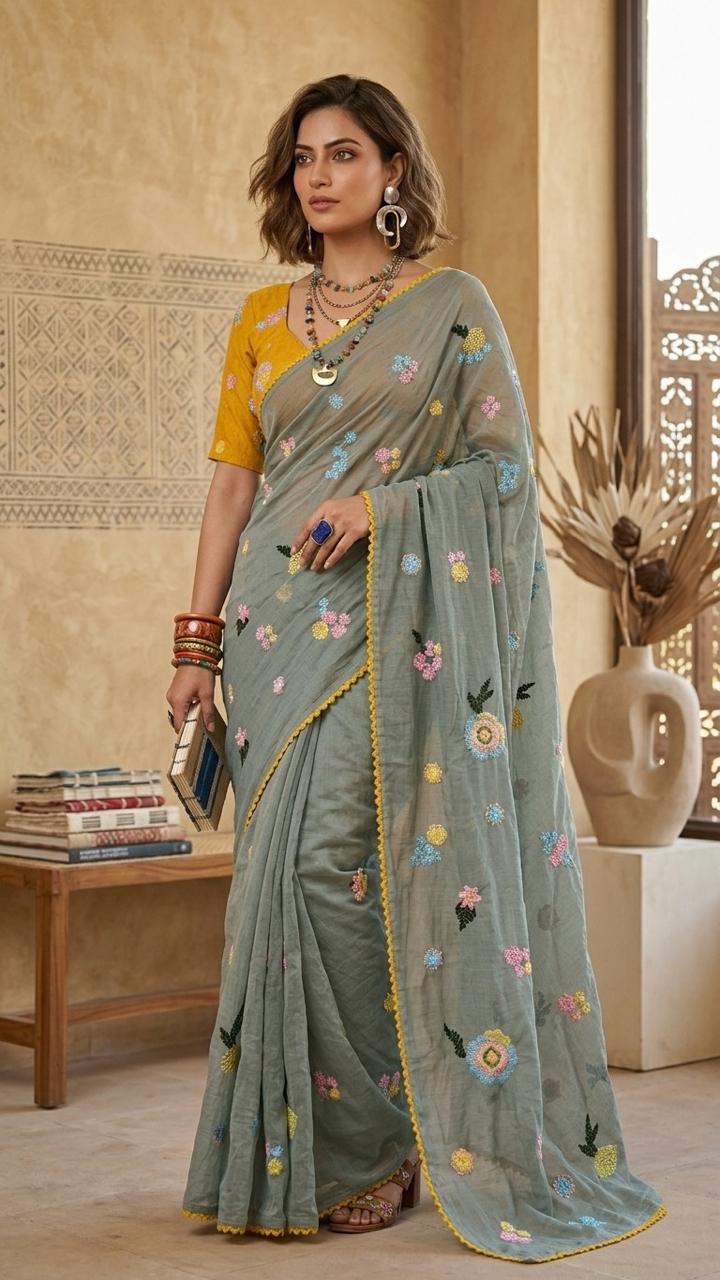 Earthy Sage Floral Embroidered Pure Mul Chanderi Saree with Blouse Fabric